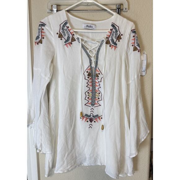 DRESS Lulus my bell-loved ivory embroidered Mini dress Tunic Lace Up Neckline S - Picture 2 of 10